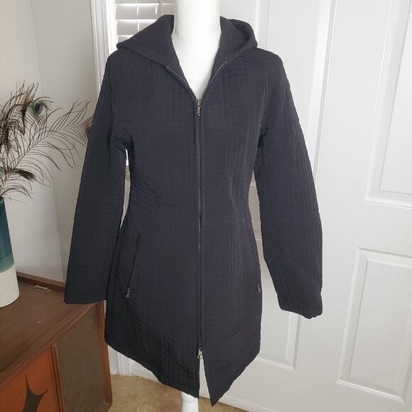 Esprit Quilted Jacket Womens Small Black Mid Length Hooded Zippered Pocket - Picture 1 of 12